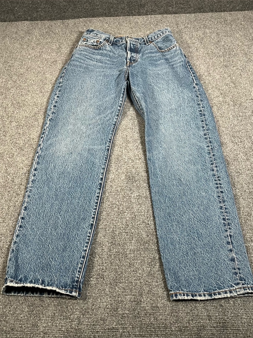 Levis Premium 501 Jeans Womens 25x28 Blue Straight Button Fly Big E Distressed